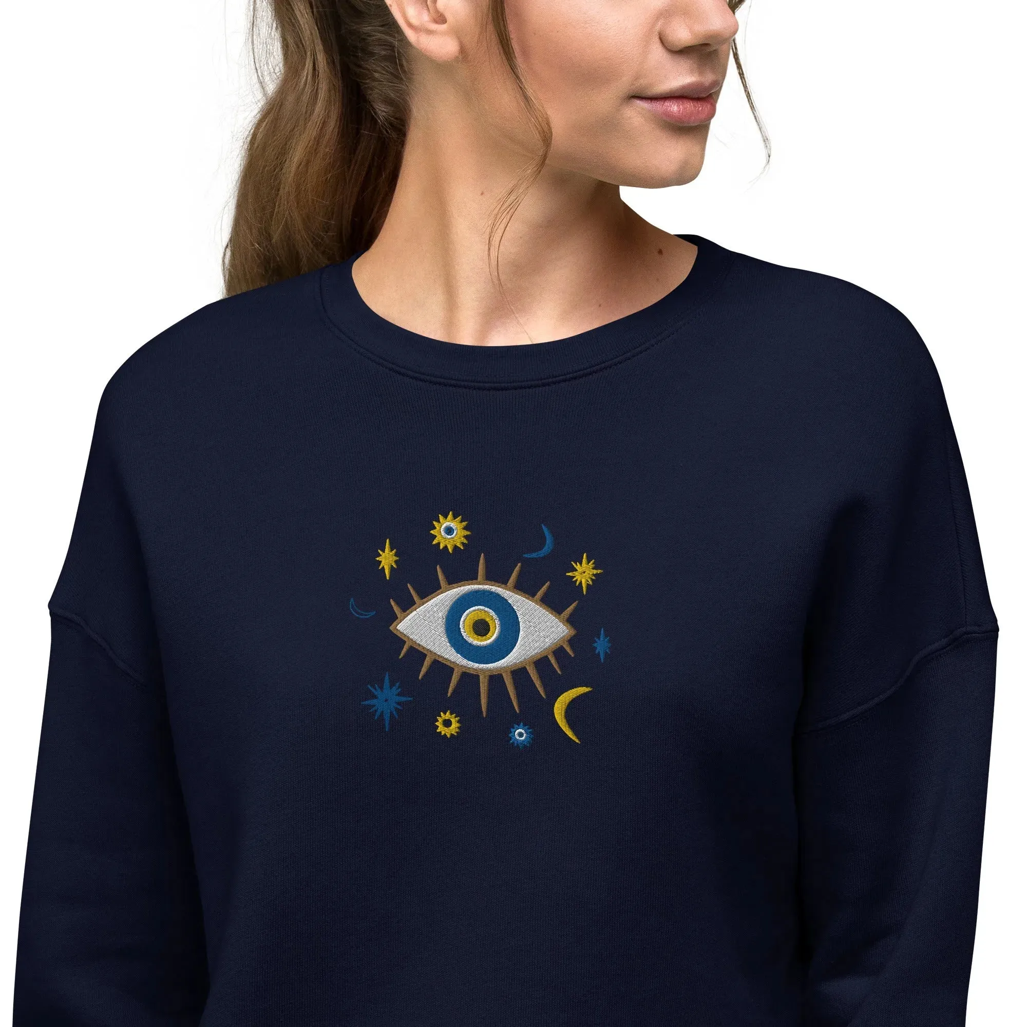 Greek Evil Eye Embroidered Cropped Sweatshirt