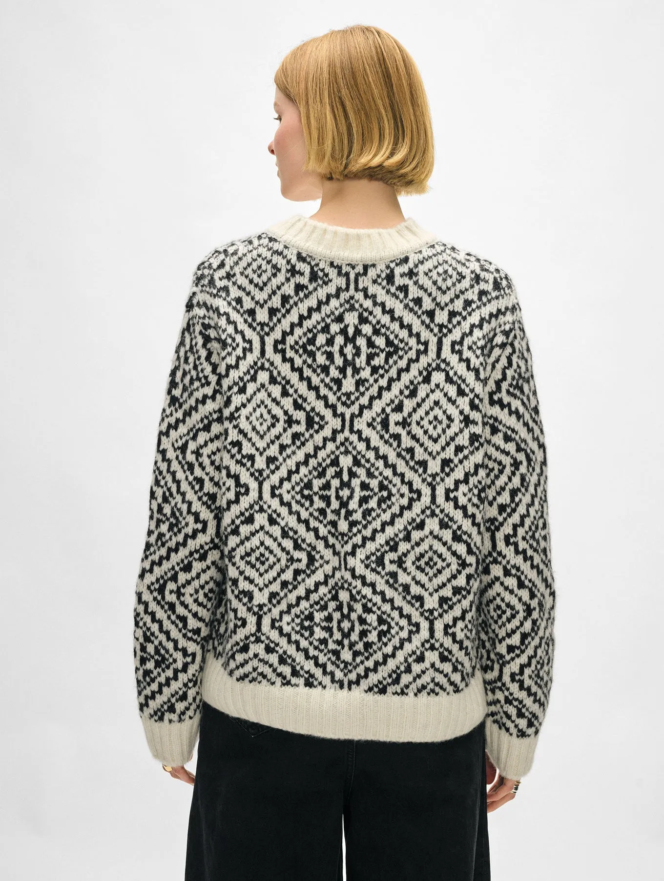 White   Warren - Plush Alpaca Blend Nordic Crewneck in Ivory/Black